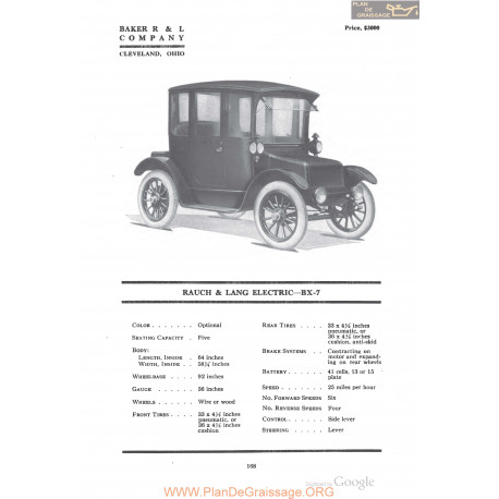 Baker Rauch & Lang Electric Bx7 Fiche Info 1918