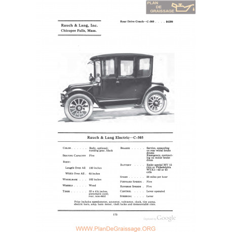 Baker Rauch & Lang Electric C505 Fiche Info 1922