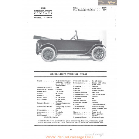 Bartholomew Clide Light Touring Six 40 Fiche Info 1918