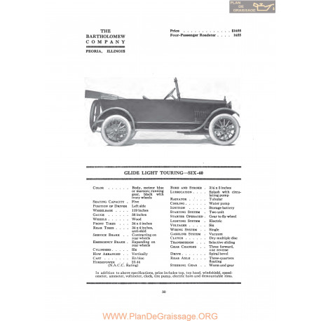 Bartholomew Glide Light Touring Six 40 Fiche Info 1919