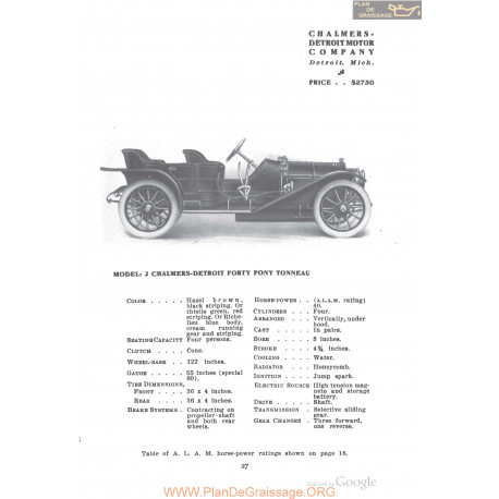 Chalmers Detroit J Foty Pony Tonneau Fiche Info 1910