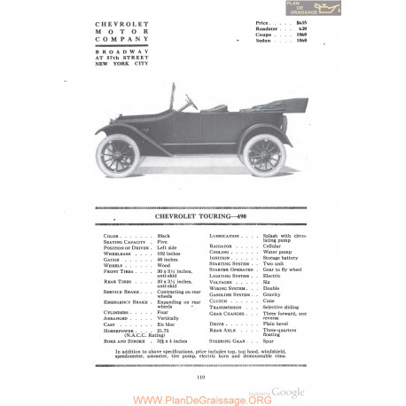 Chevrolet Touring 490 Fiche Info 1918