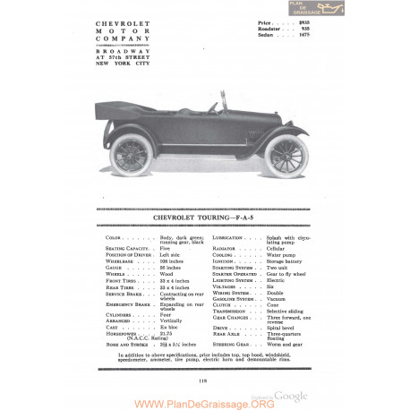 Chevrolet Touring F A 5 Fiche Info 1918