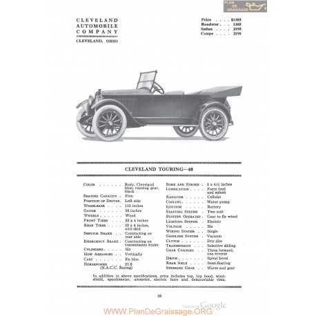 Cleveland Touring 40 Fiche Info 1920