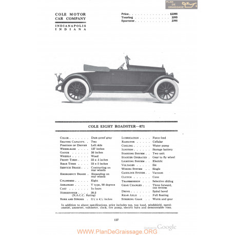 Cole Eight Roadster 871 Fiche Info 1918