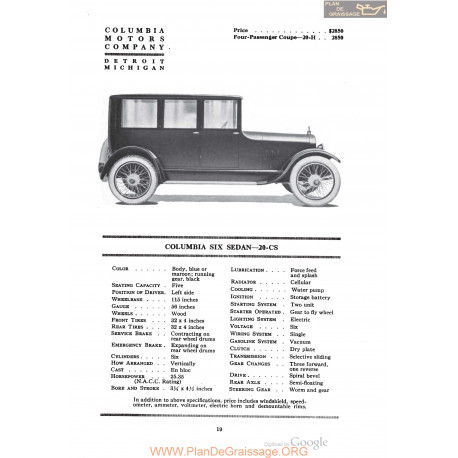 Columbia Six Sedan 20cs Fiche Info 1920