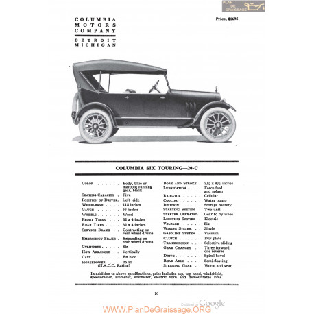 Columbia Six Touring 20c Fiche Info 1920