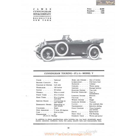Cunningham Touring 37a Model V Fiche Info 1920