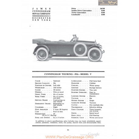 Cunningham Touring 59a Model V Fiche Info 1920