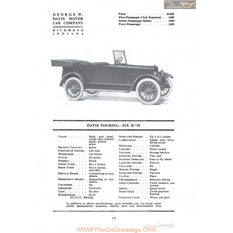 Davis Touring Six H 18 Fiche Info 1918