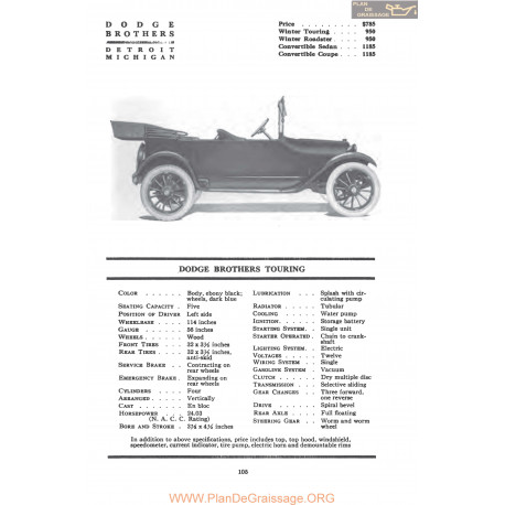 Dodge Brothers Touring Fiche Info 1917