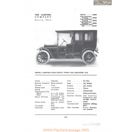 Garford Four Thirty Town Car Limousine G12 Fiche Info 1912