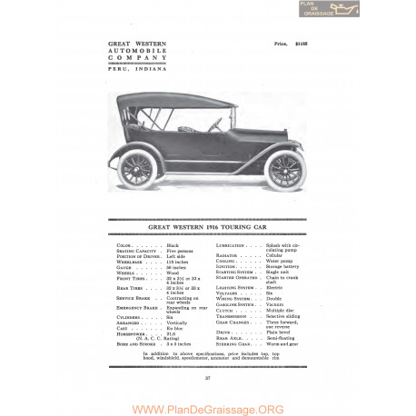 Great Western 1916 Touring Car Fiche Info 1916