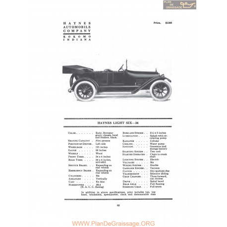 Haynes Light Six 34 Fiche Info 1916