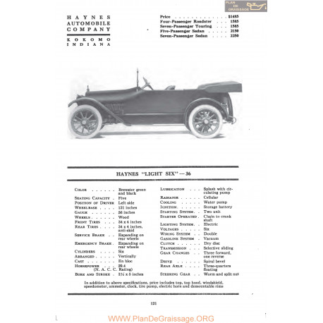 Haynes Light Six 36 Fiche Info Mc Clures 1917