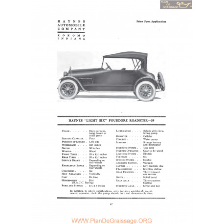 Haynes Light Six Fourdore Roadster 39 Fiche Info 1919