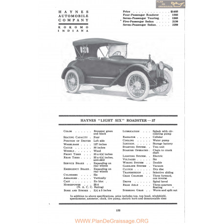 Haynes Light Six Roadster 37 Fiche Info Mc Clures 1917