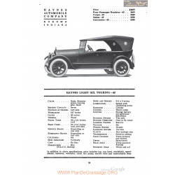 Haynes Light Six Touring 45 Fiche Info 1920