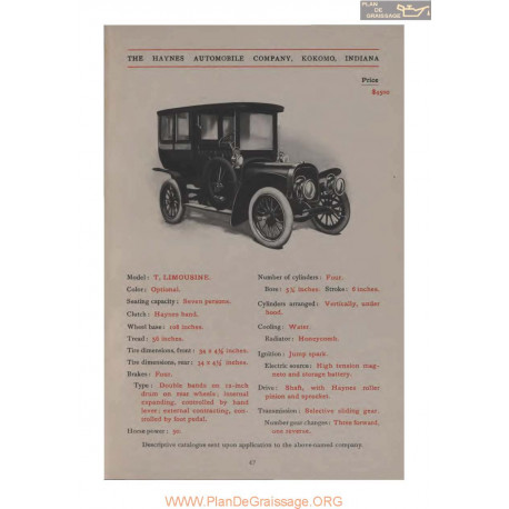 Haynes Model T Limousine Fiche Info 1907
