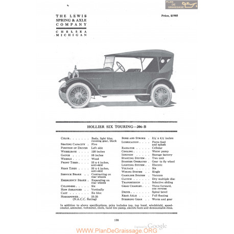 Hollier Six Touring 206 B Fiche Info 1920