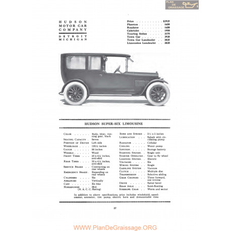 Hudson Sper Six Limousine Fiche Info 1917