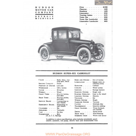 Hudson Super Six Cabriolet Fiche Info Mc Clures 1917