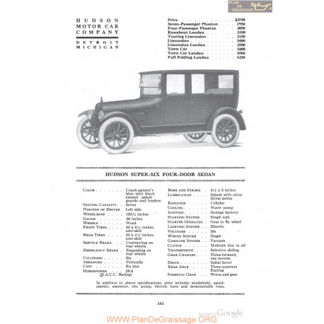 Hudson Super Six Four Door Sedan Fiche Info 1918