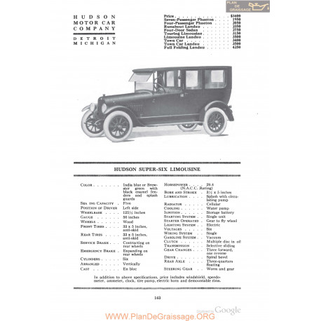 Hudson Super Six Limusine Fiche Info 1918