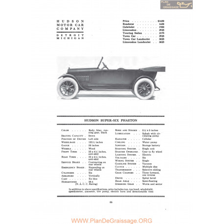 Hudson Super Six Phaeton Fiche Info 1917