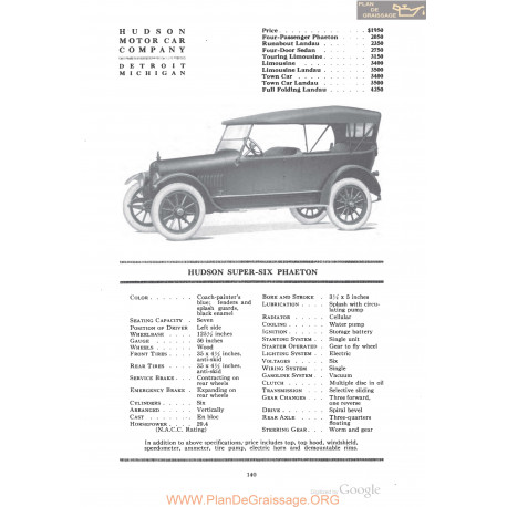 Hudson Super Six Phaeton Fiche Info 1918
