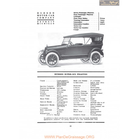Hudson Super Six Phaeton Fiche Info 1919