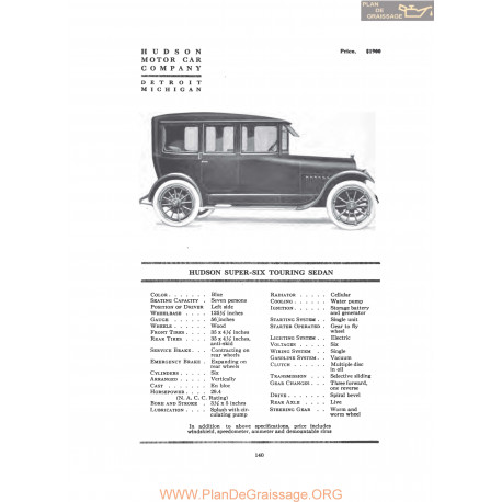 Hudson Super Six Touring Sedan Fiche Info 1916