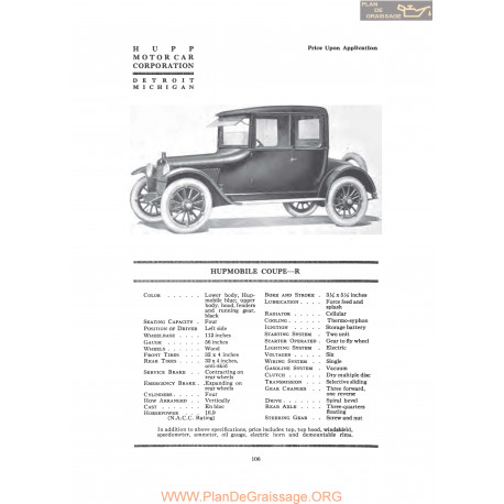 Hupp Hupmobile Coupe R Fiche Info 1919