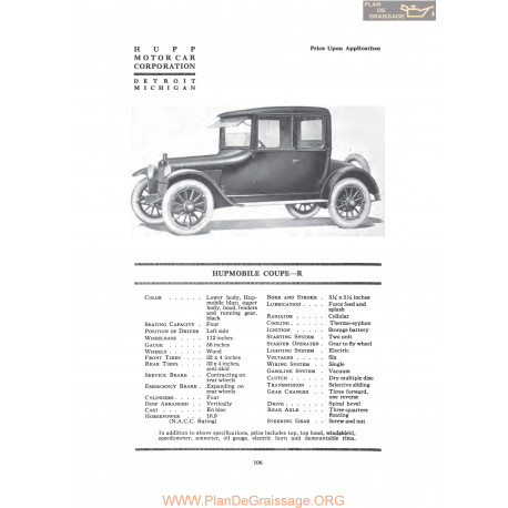 Hupp Hupmobile Coupe R Fiche Info 1919
