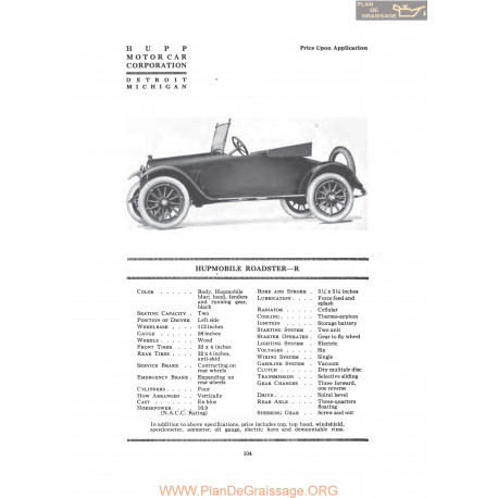Hupp Hupmobile Roadster R Fiche Info 1919