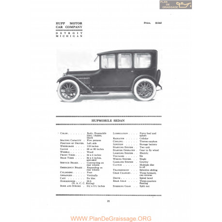 Hupp Hupmobile Sedan Fiche Info 1916