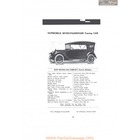 Hupp Hupmobile Seven Passenger Touring Car Fiche Info Mc Clures 1916