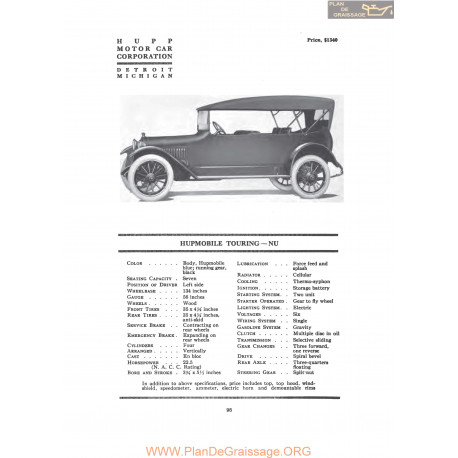 Hupp Hupmobile Touring Nu Fiche Info 1917