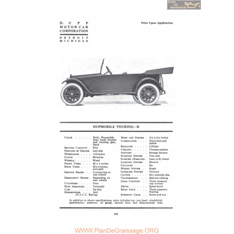 Hupp Hupmobile Touring R Fiche Info 1919