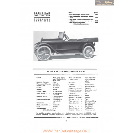 Kline Kar Touring Series H 6 42 Fiche Info 1919