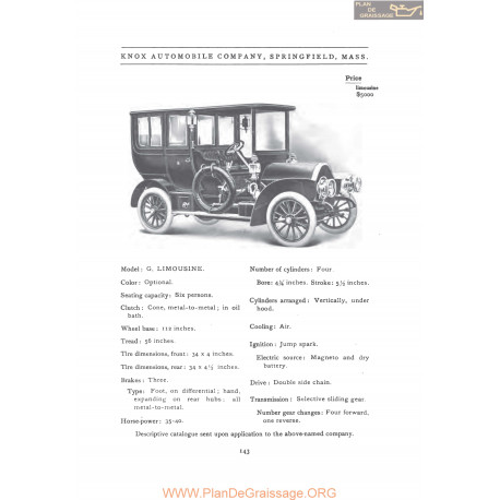 Knox Model G Limousine Fiche Info 1907