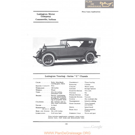 Lexington Touring Series U Chassis Fiche Info 1922