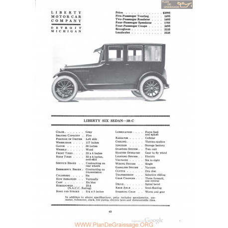 Liberty Six Sedan 10c Fiche Info 1920