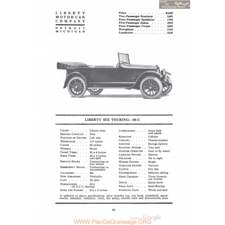 Liberty Six Touring 10c Fiche Info 1920