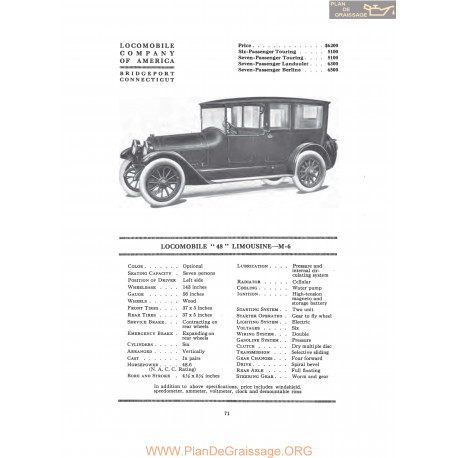 Locomobile 48 Limousine M6 Fiche Info 1916