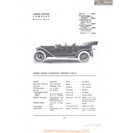 Lozier Lakewood Torpedo Type 51 Fiche Info 1912