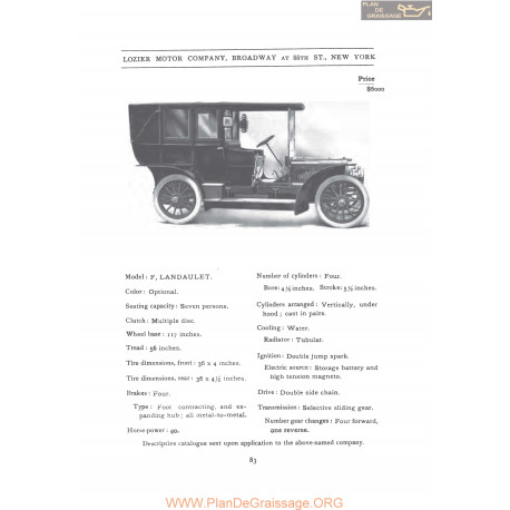 Lozier Model F Landaulet Fiche Info 1907