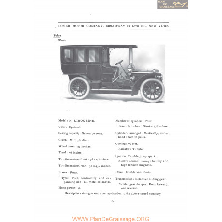 Lozier Model F Limousine Fiche Info 1907