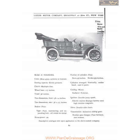 Lozier Model F Touring Fiche Info 1907