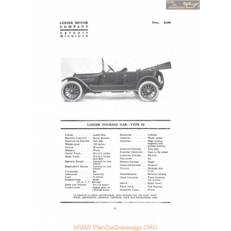 Lozier Touring Car Type 82 Fiche Info 1916